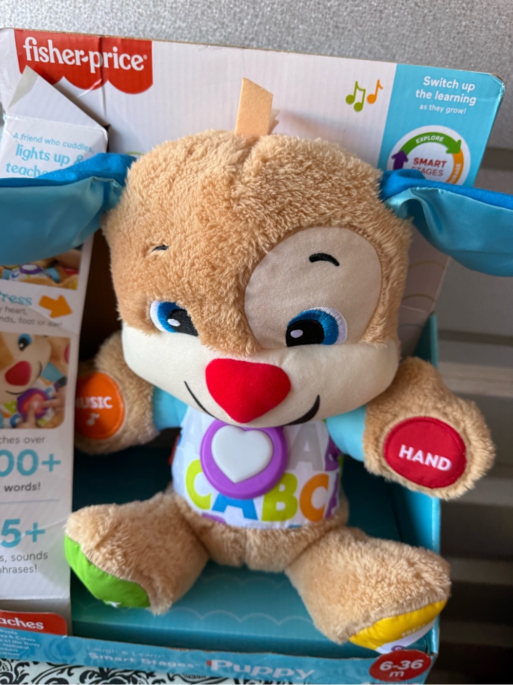 Fisher-Price Tan Puppy Plush with Blue Ears and Colorful ABC Heart - Picture 8 of 8